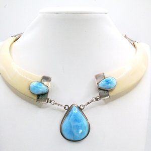 Vintage Resin Beige Sterling Silver Larimar Unique Necklace